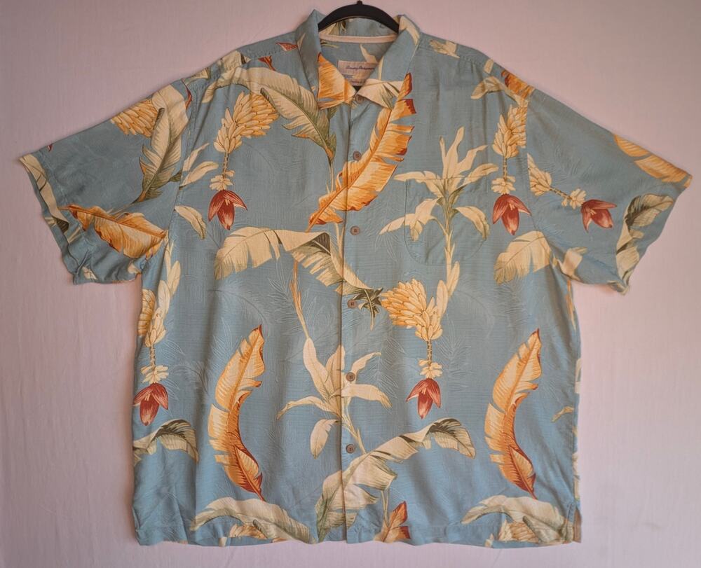Tommy Bahama Shirt Mens XXL Blue 100% Silk Banana Leaf Tropical Hawaiian Camp - Picture 2 of 11